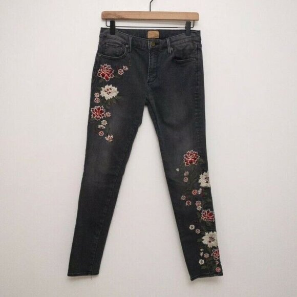 FP Free People DRIFTWOOD Jackie Floral Embroidered Jeans Black Size 26 - Picture 4 of 16